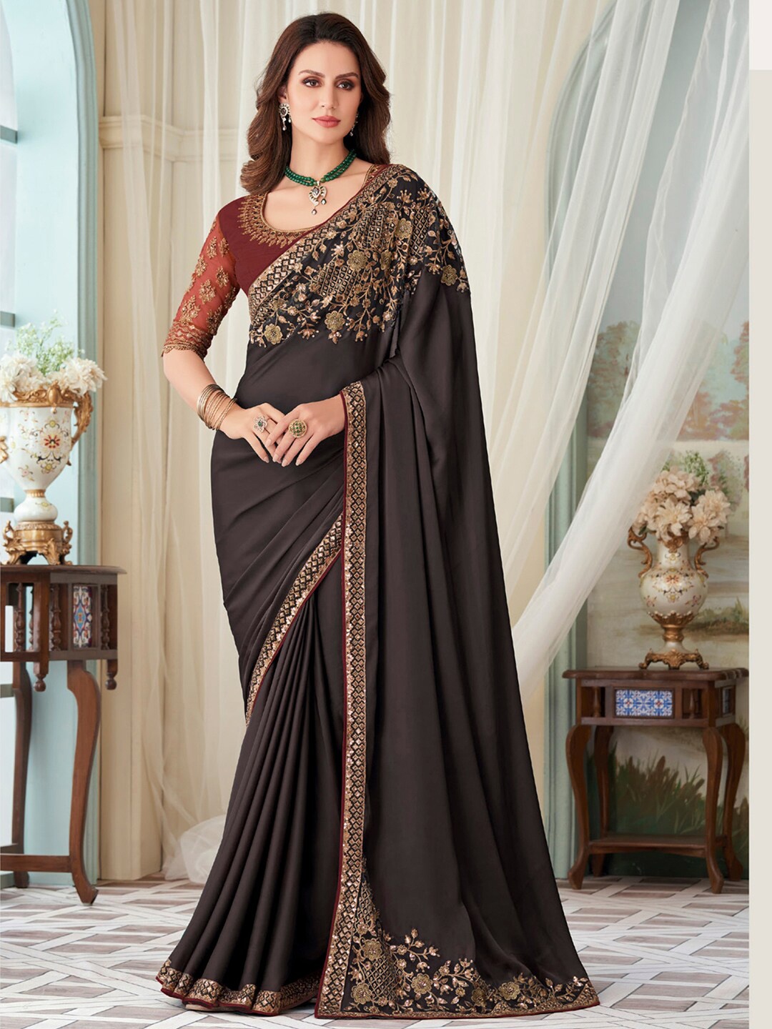 

Mitera Floral Embroidered Satin Saree, Charcoal