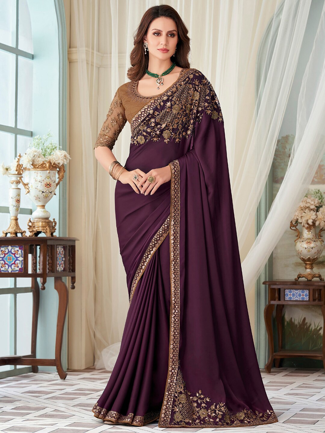 

Mitera Floral Embroidered Satin Saree, Purple