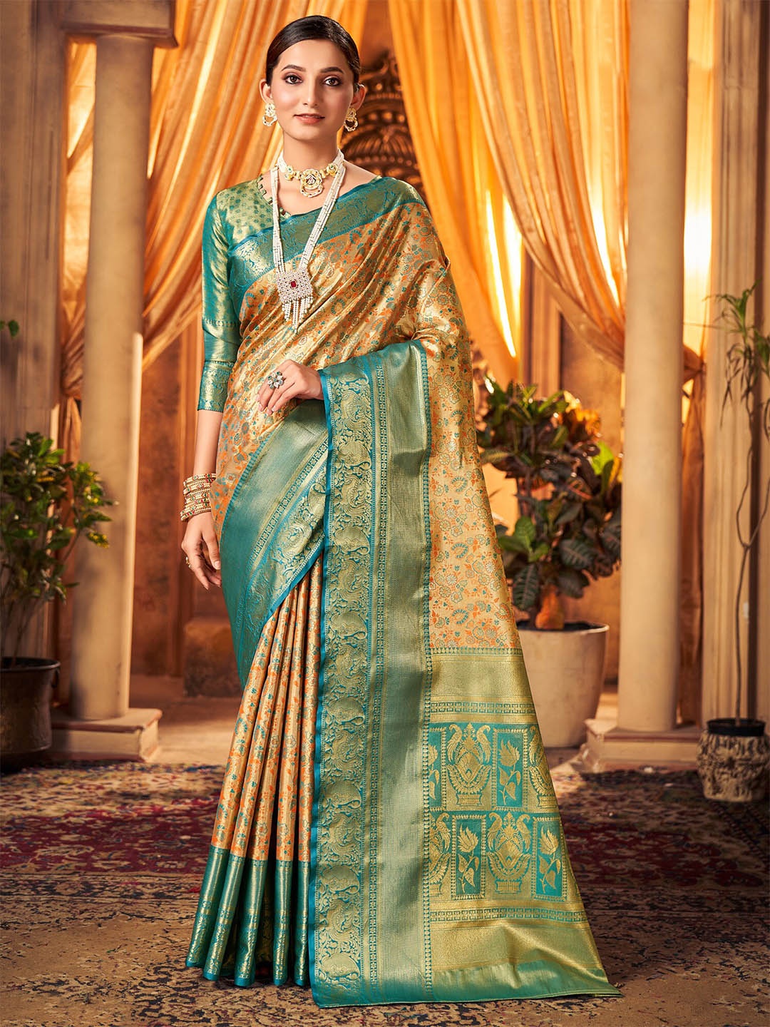 

Mitera Woven Design Zari Kanjeevaram Saree, Gold