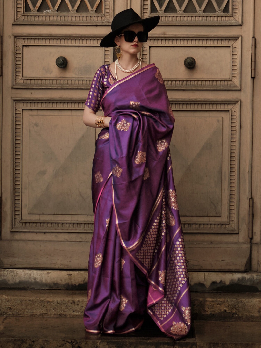 

Mitera Ethnic Motifs Woven Design Zari Satin Saree, Purple