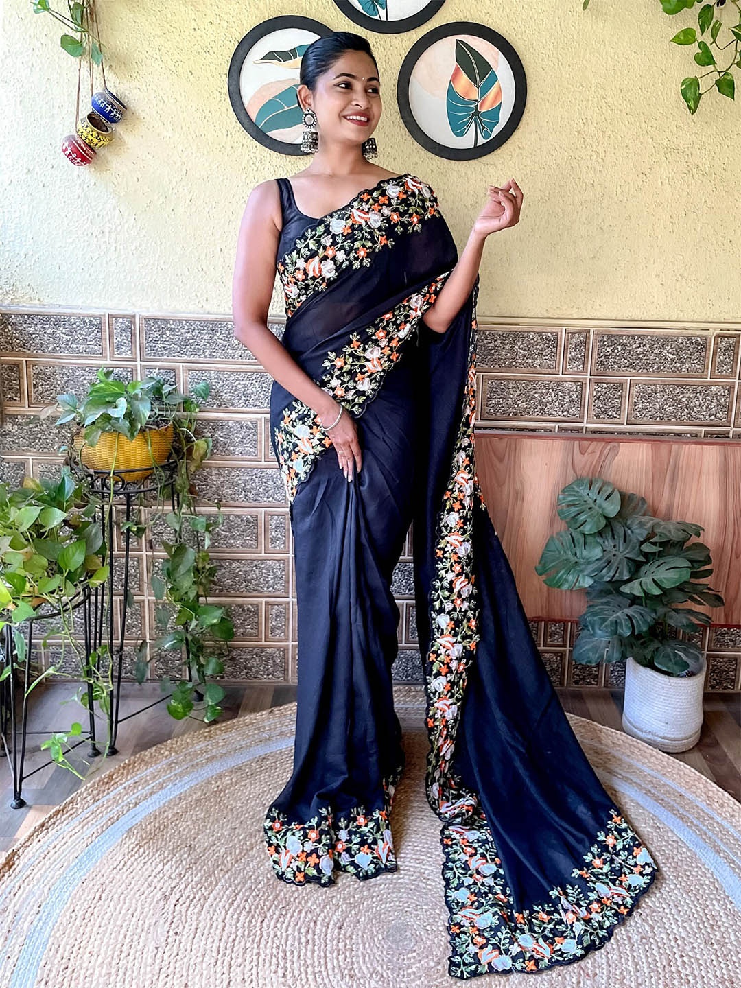 

Mitera Floral Embroidered Saree, Black