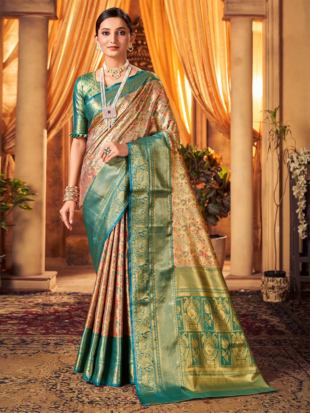 

Mitera Ethnic Motifs Woven Design Zari Detailed Kanjeevaram Saree, Gold