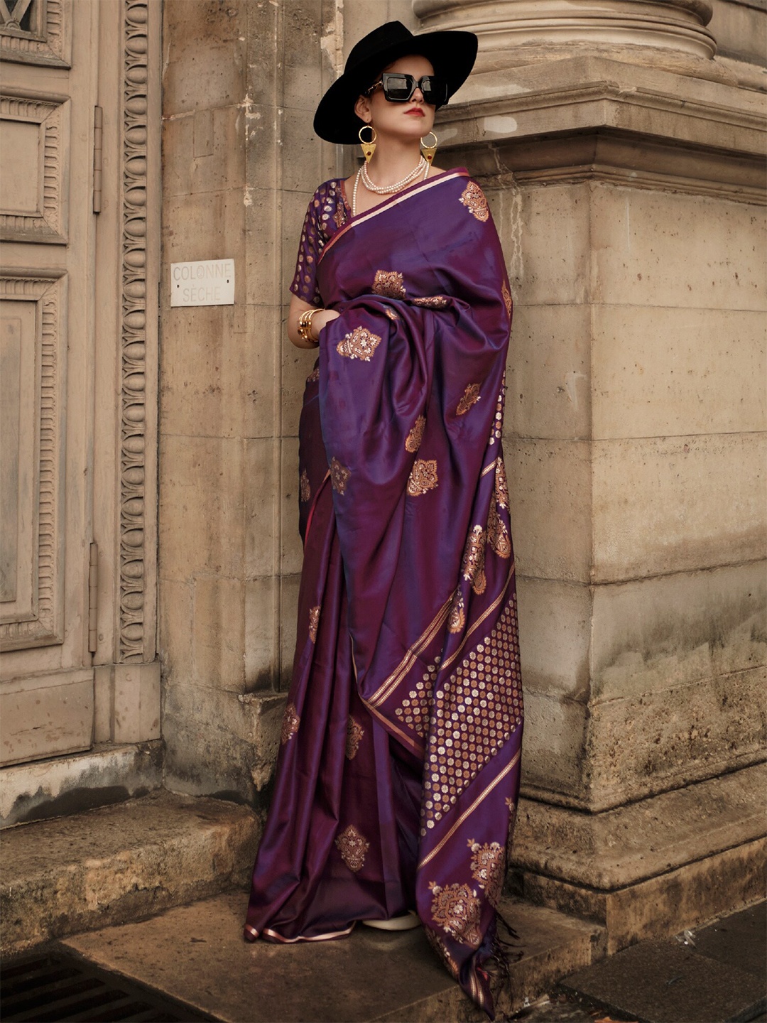 

Mitera Floral Woven Design Zari Satin Banarasi Saree, Purple