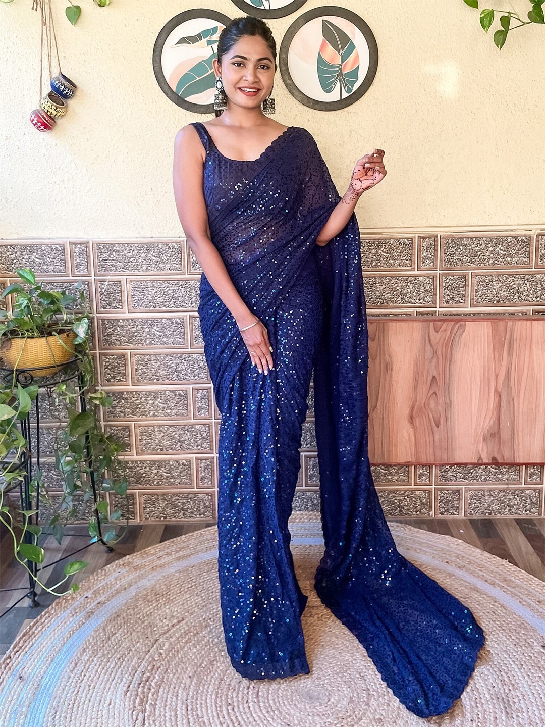 

Mitera Blue Embellished Sequinned Poly Georgette Saree