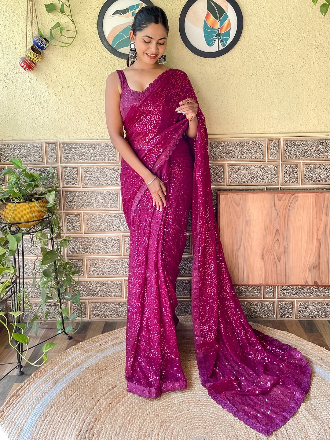 

Mitera Embellished Sequinned Poly Georgette Saree, Purple