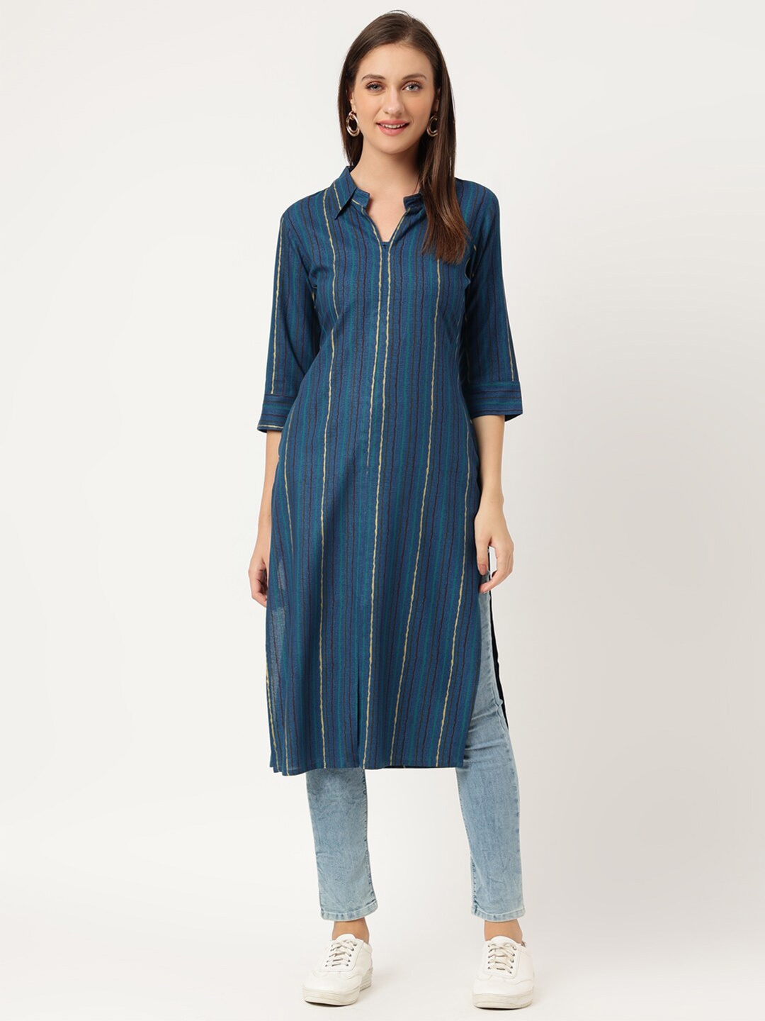 

Rimeline Striped Mandarin Collar Indigo Kurta, Blue