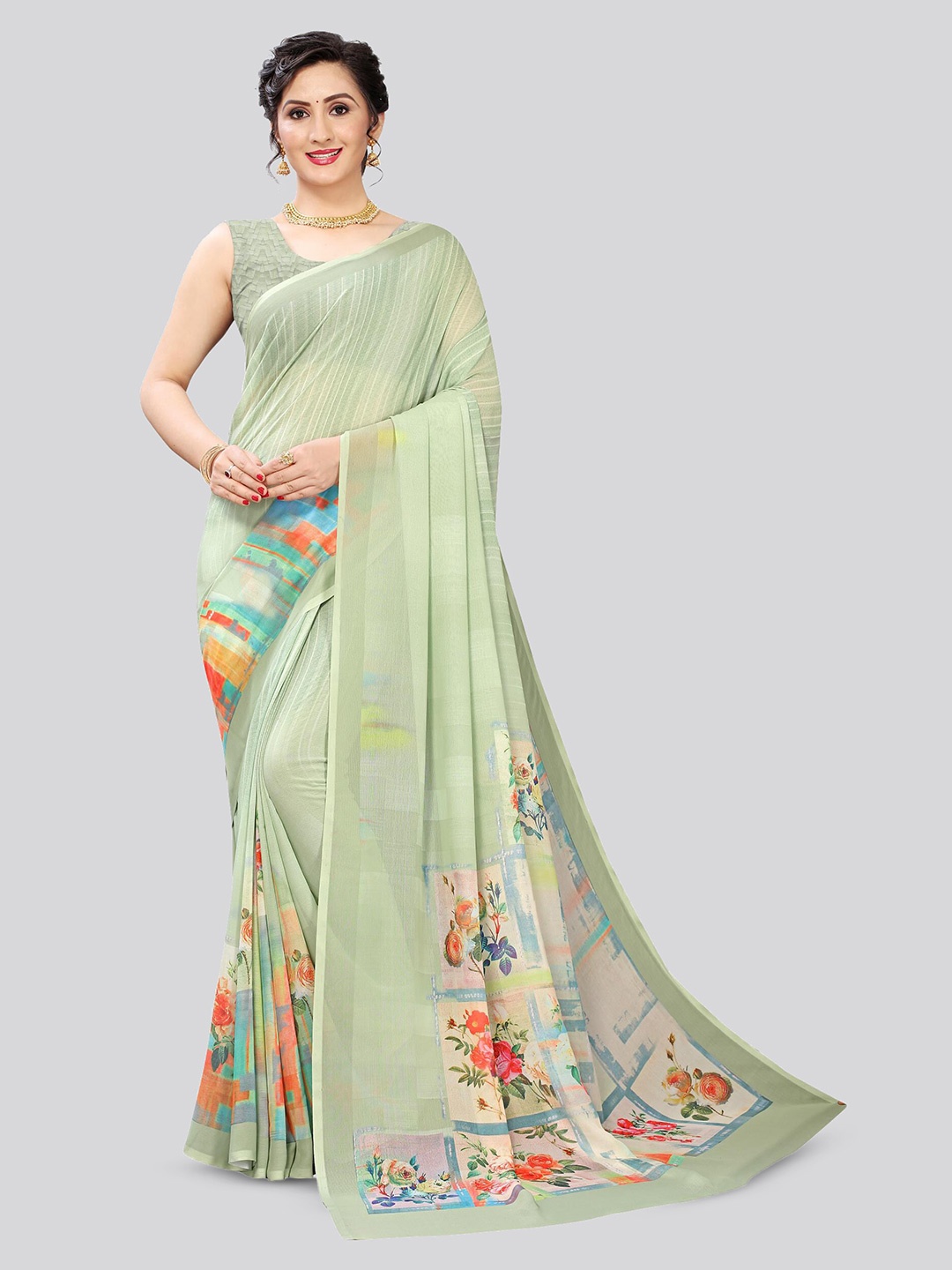 

Fevinaa Floral Printed Pure Georgette Saree, Green