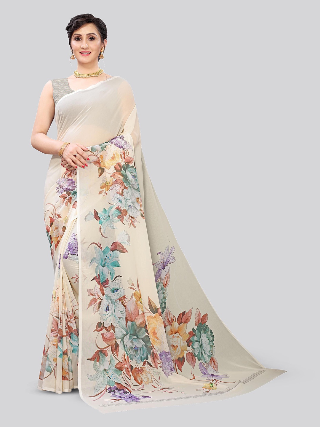 

Fevinaa Floral Printed Pure Georgette Saree, Beige