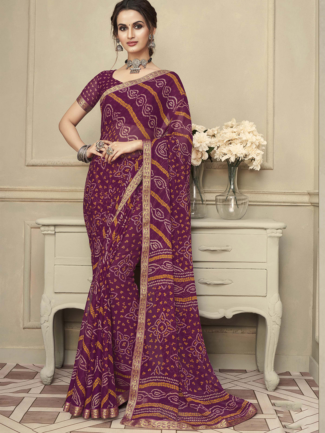 

Mitera Printed Zari Bandhani Saree, Purple