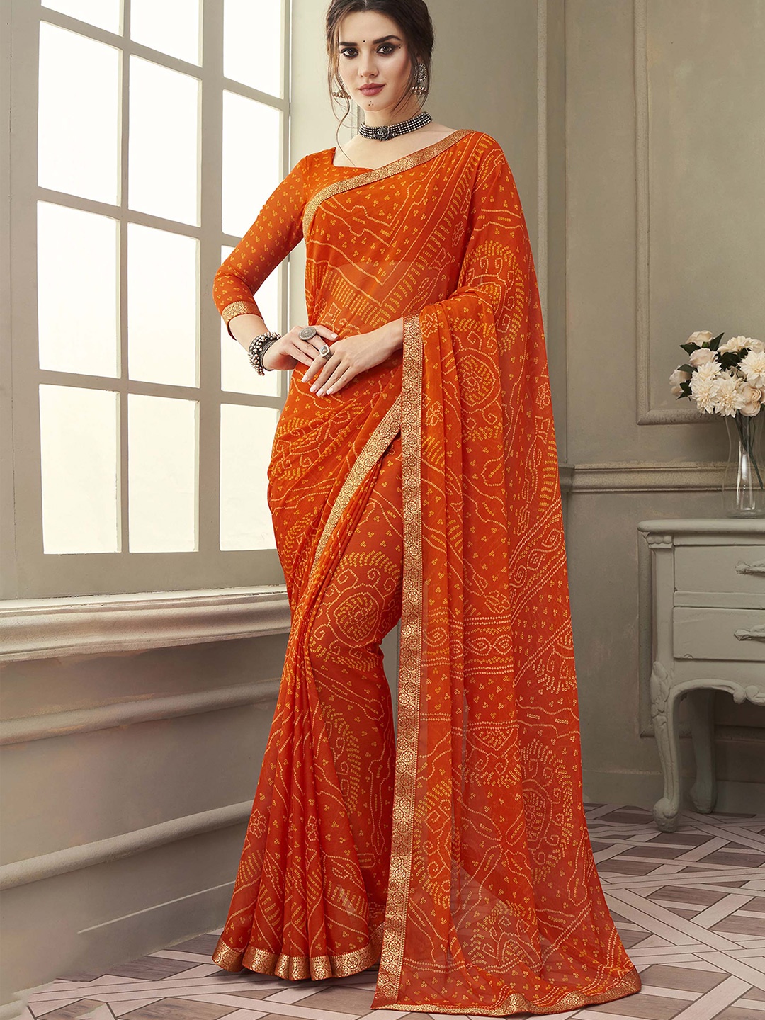 

Mitera Printed Zari Bandhani Saree, Orange