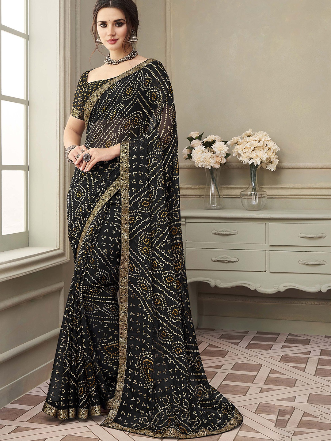 

Mitera Black & Yellow Bandhani Printed Zari Saree