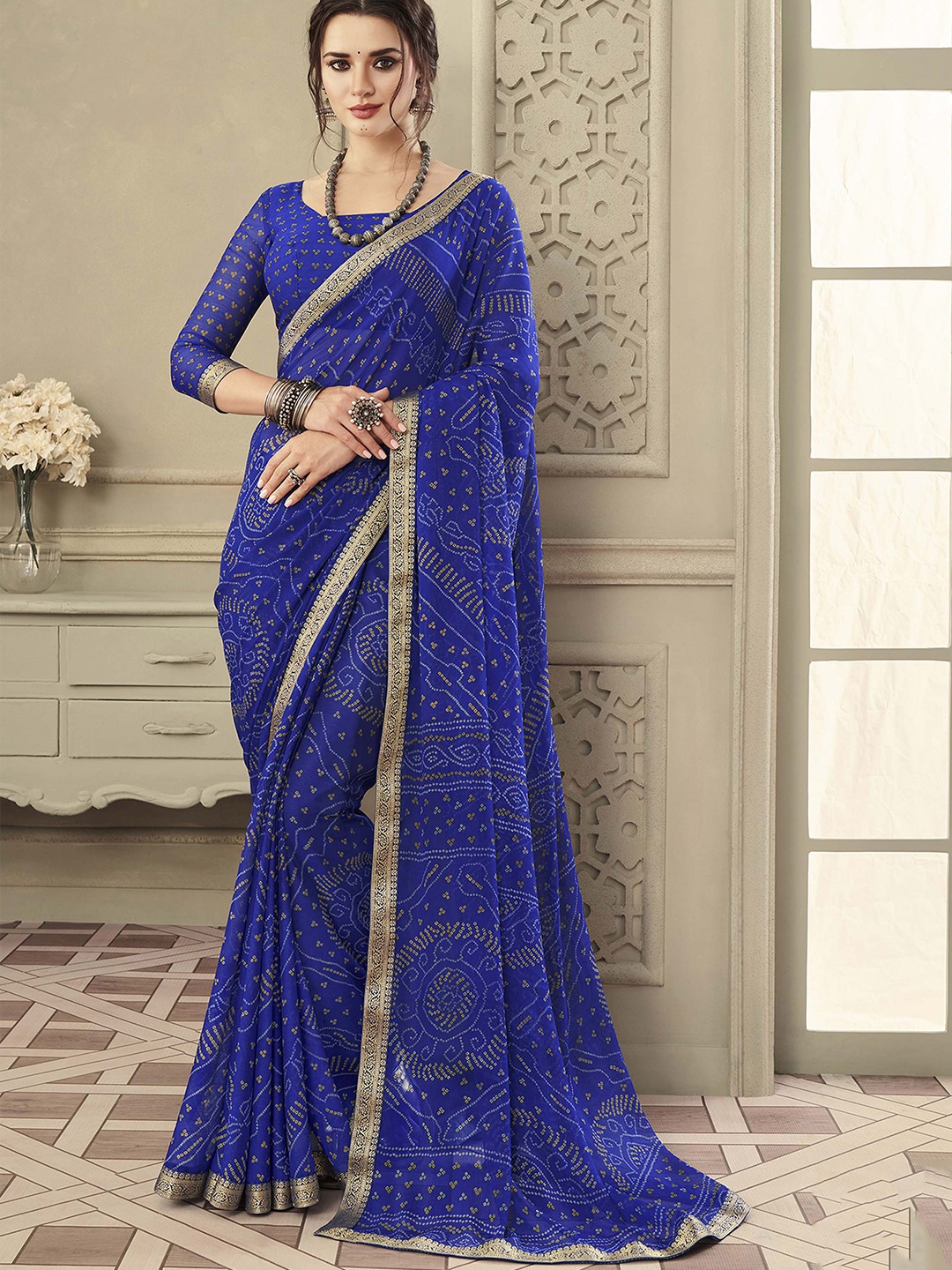 

Mitera Bandhani Zari Poly Chiffon Bandhani Saree, Blue