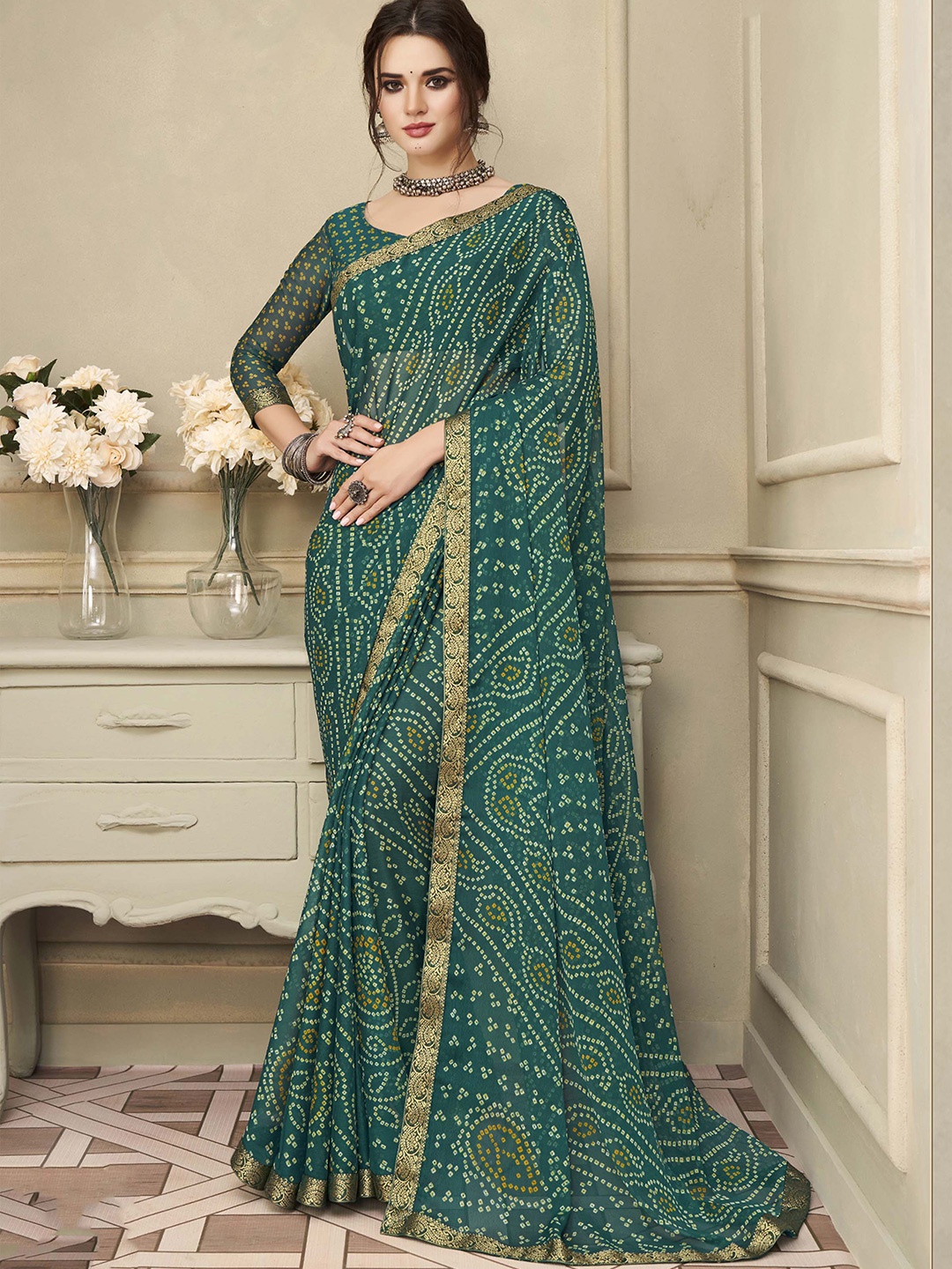 

Mitera Bandhani Printed Zari Poly Chiffon Bandhani Saree, Green