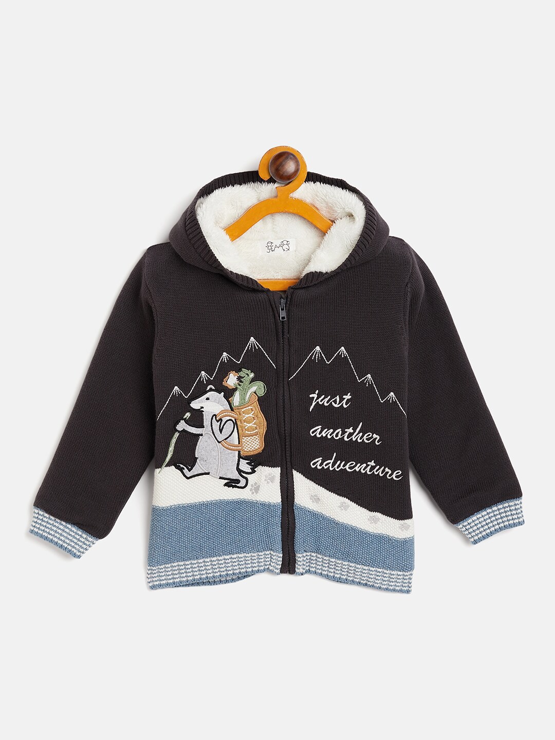 

JWAAQ Unisex Kids Quirky Printed Embroidered Hooded Cardigan Pure Cotton Sweater, Black