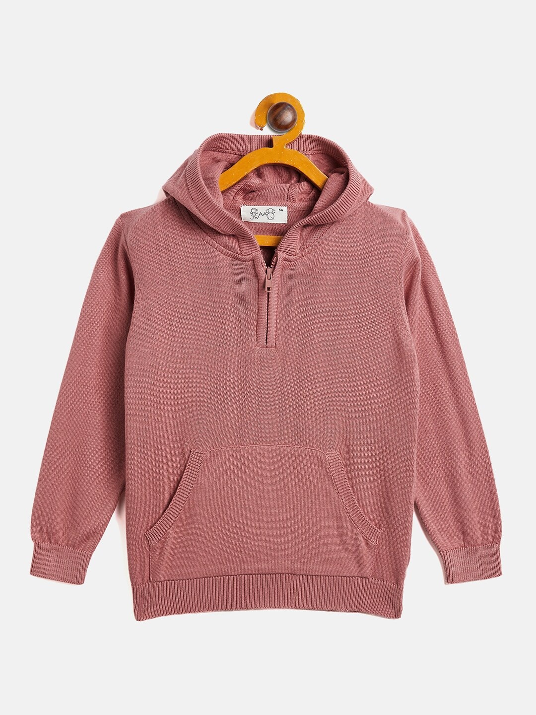 

JWAAQ Girls Pink Ribbed Hooded Pure Cotton Pullover Sweater