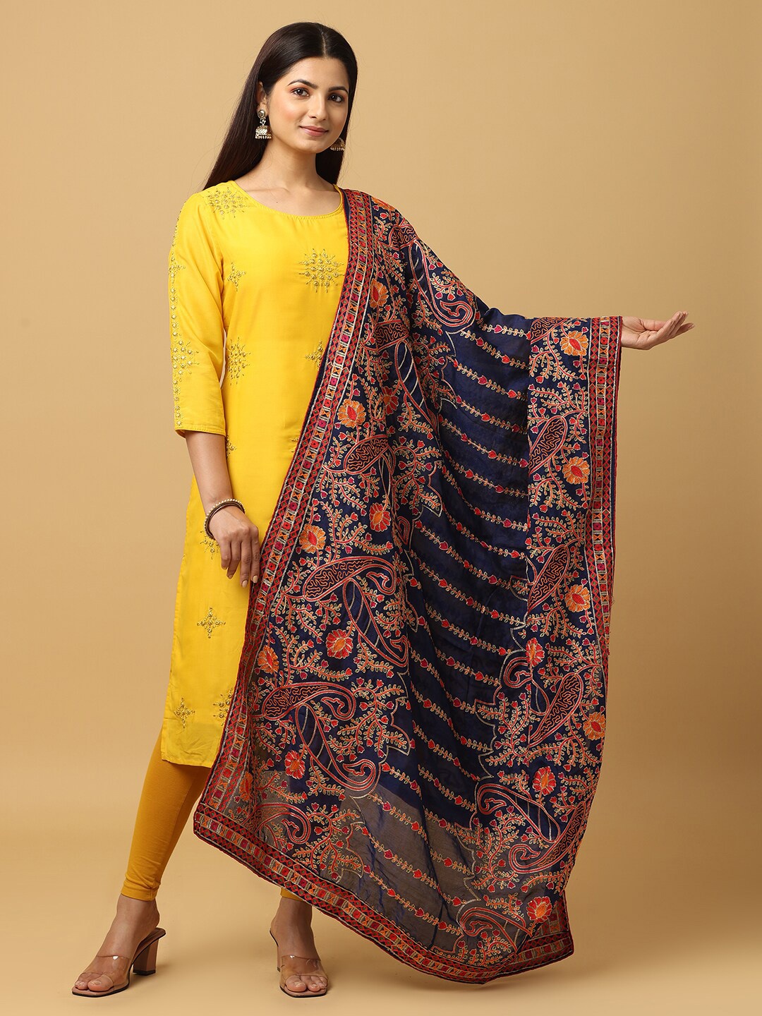 

VASTRANAND Ethnic Motifs Embroidered Thread Work Dupatta, Navy blue