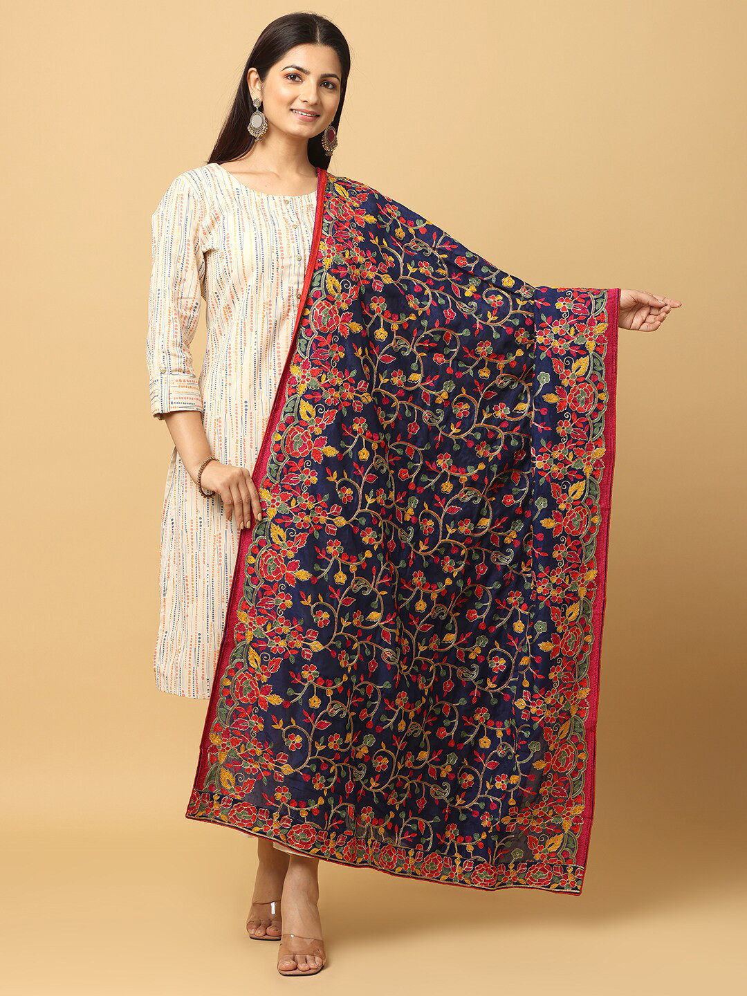 

VASTRANAND Ethnic Motifs Embroidered Dupatta, Navy blue