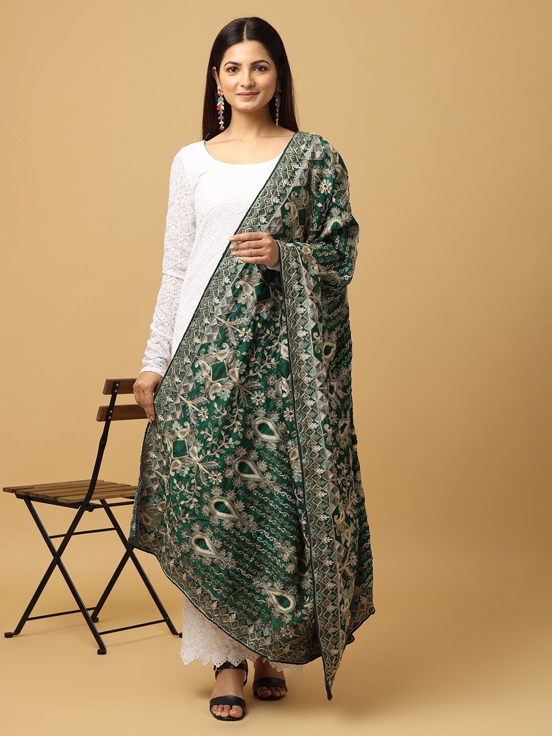 

VASTRANAND Ethnic Motifs Embroidered Kashmiri Dupatta with Thread Work, Green