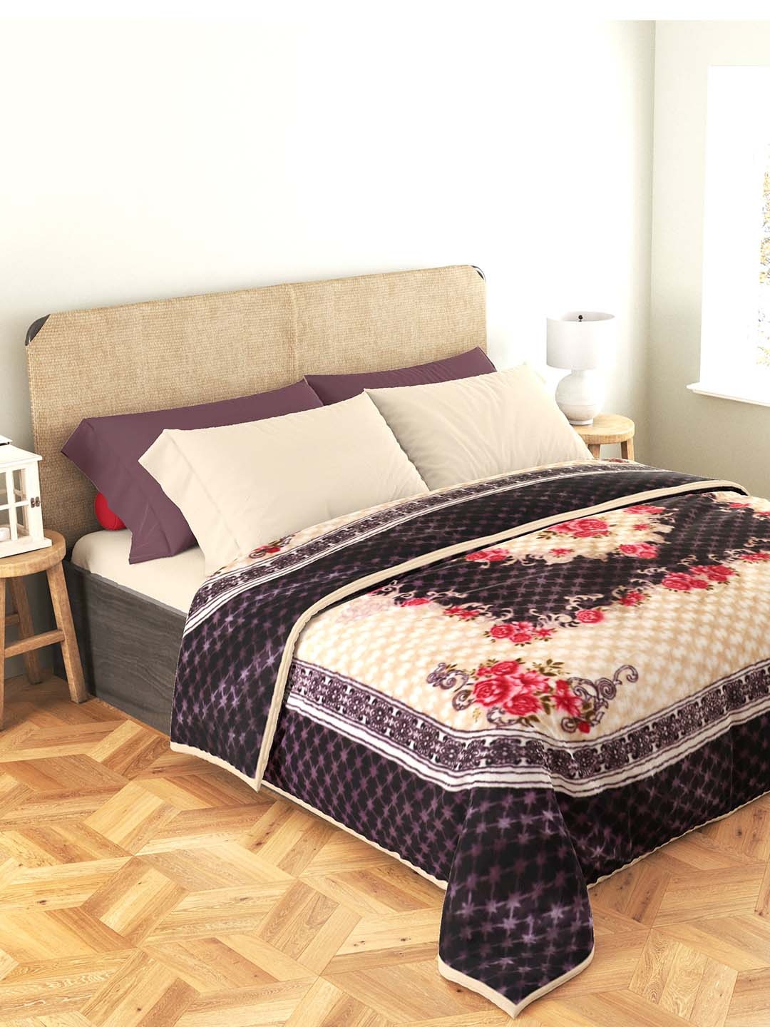 

Nivasam Cream-Coloured & Purple Ethnic Motifs Mink Mild Winter 500 GSM Double Bed Blanket