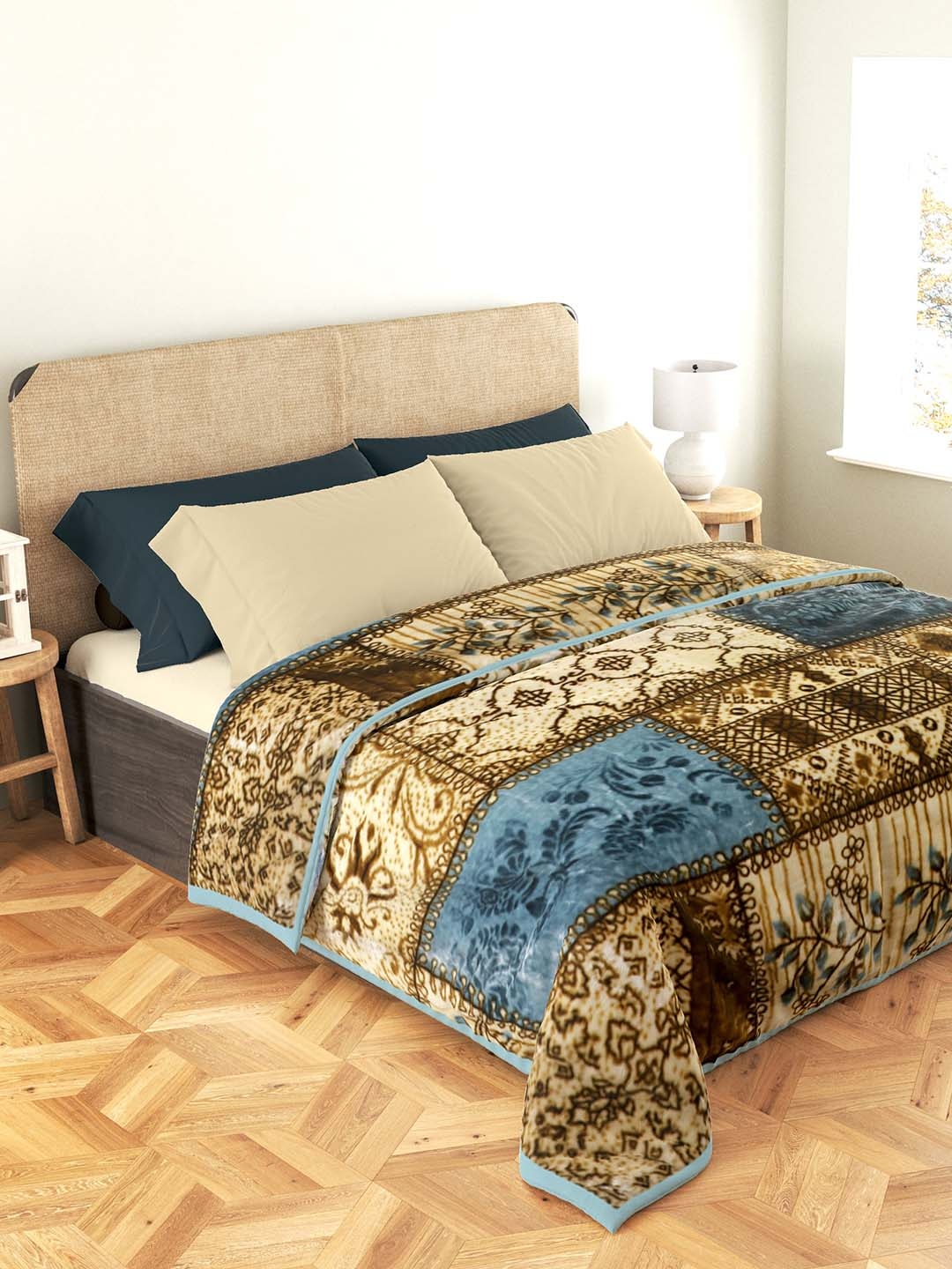 

Nivasam Camel Brown & Blue Ethnic Motifs Mink Mild Winter 500 GSM Double Bed Blanket