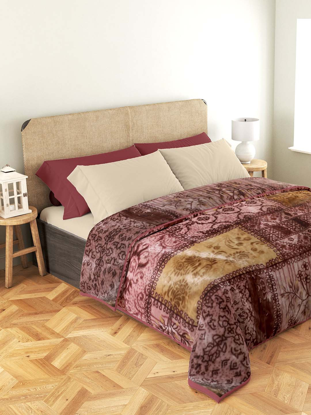 

Nivasam Rose & Beige Ethnic Motifs Mink Mild Winter 500 GSM Double Bed Blanket