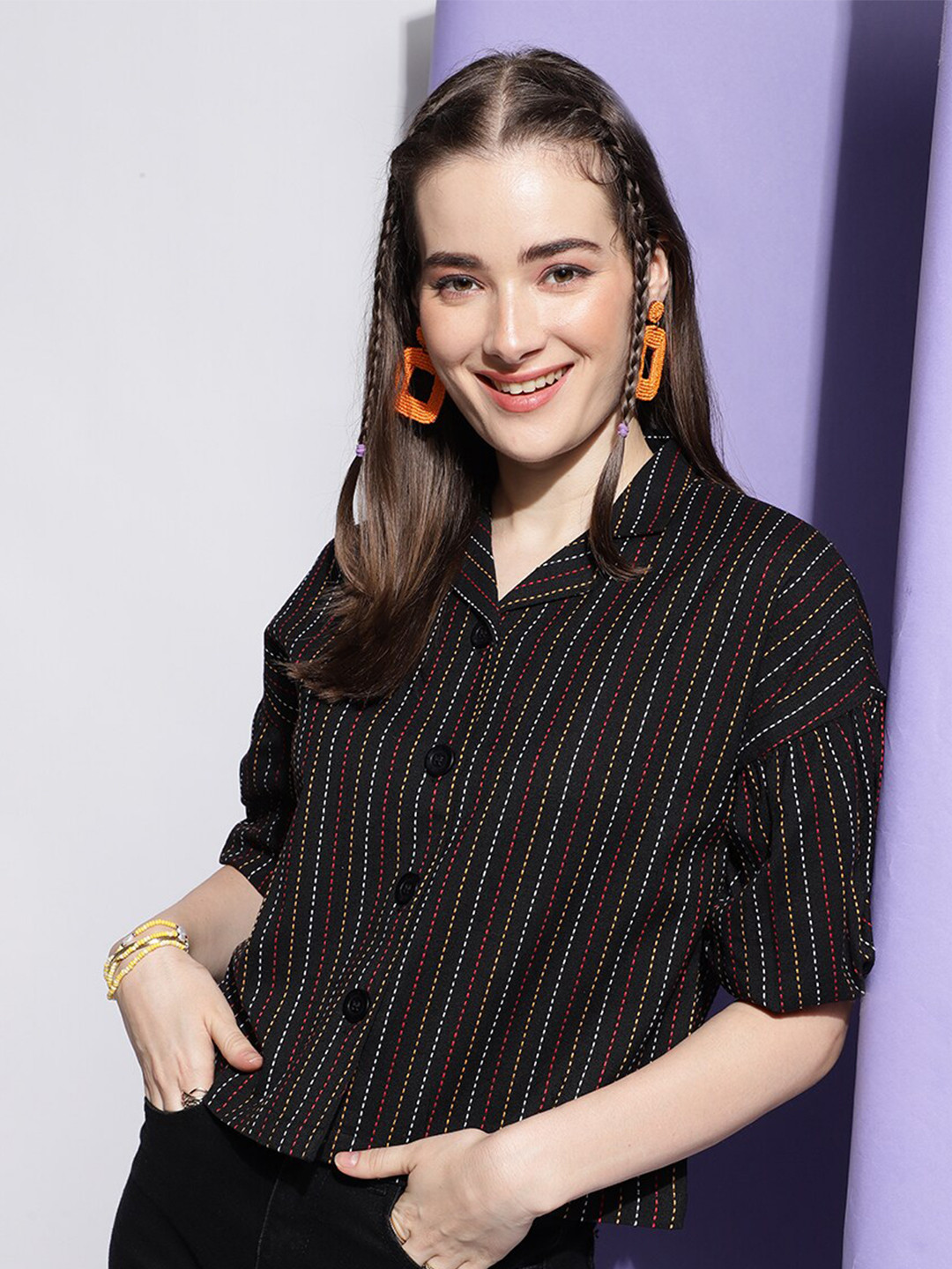 

J Turritopsis Classic Striped Spread Collar Cotton Casual Shirt, Black
