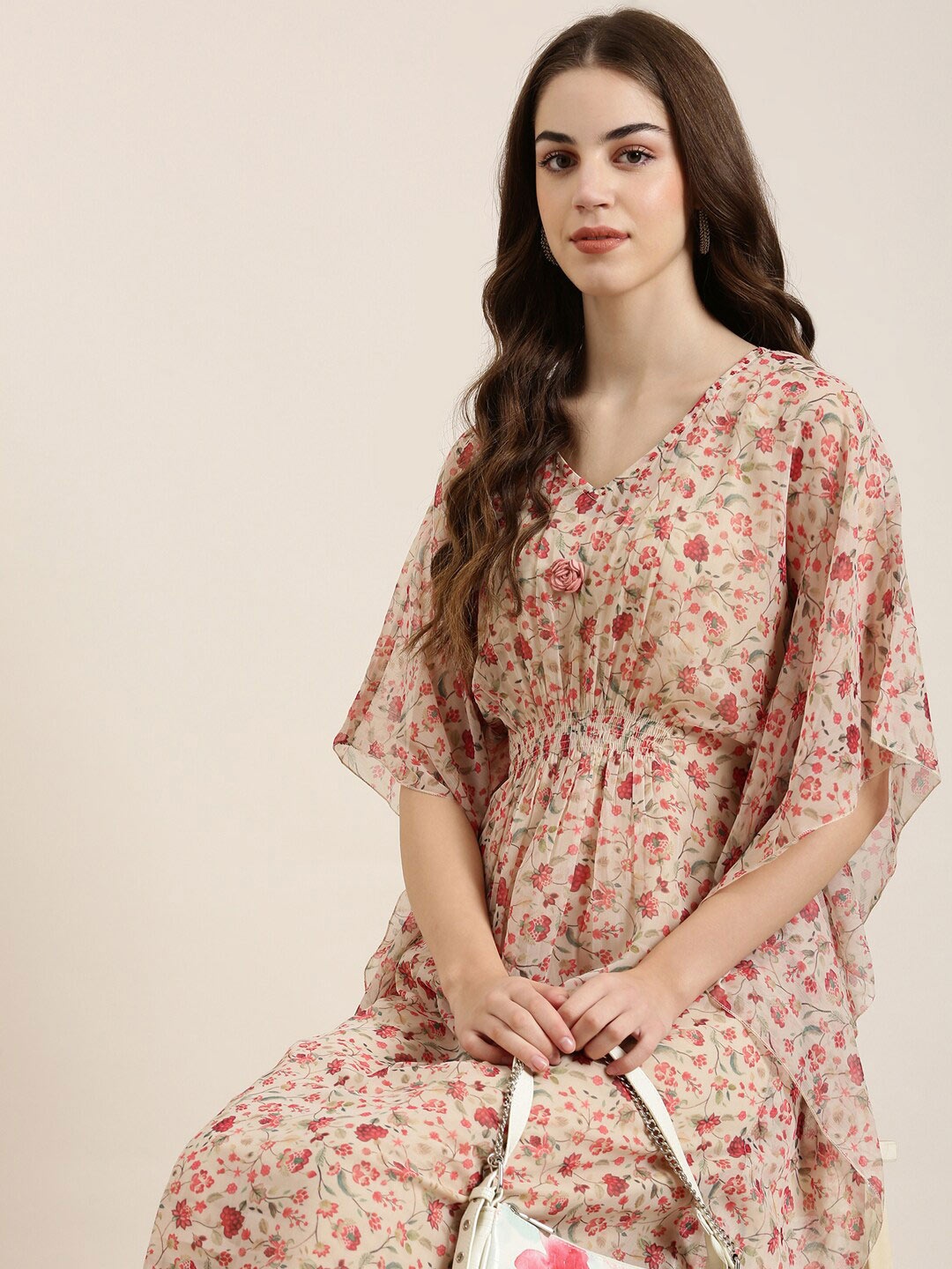 

SHOWOFF Floral Printed Kimono Sleeve Chiffon Kaftan Midi Dress, Beige