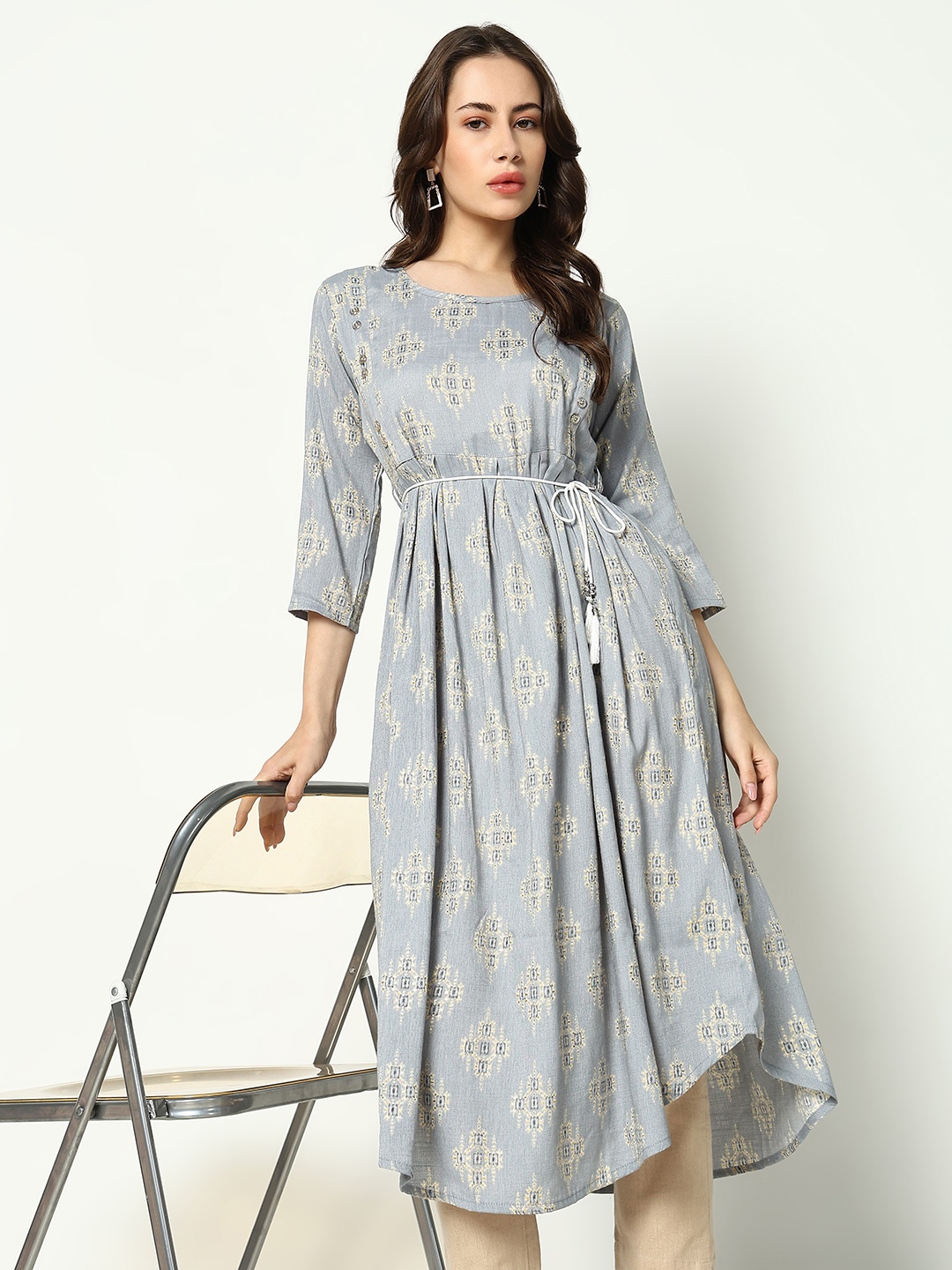 

SHOWOFF Geometric Printed Cotton A-Line Dress, Grey