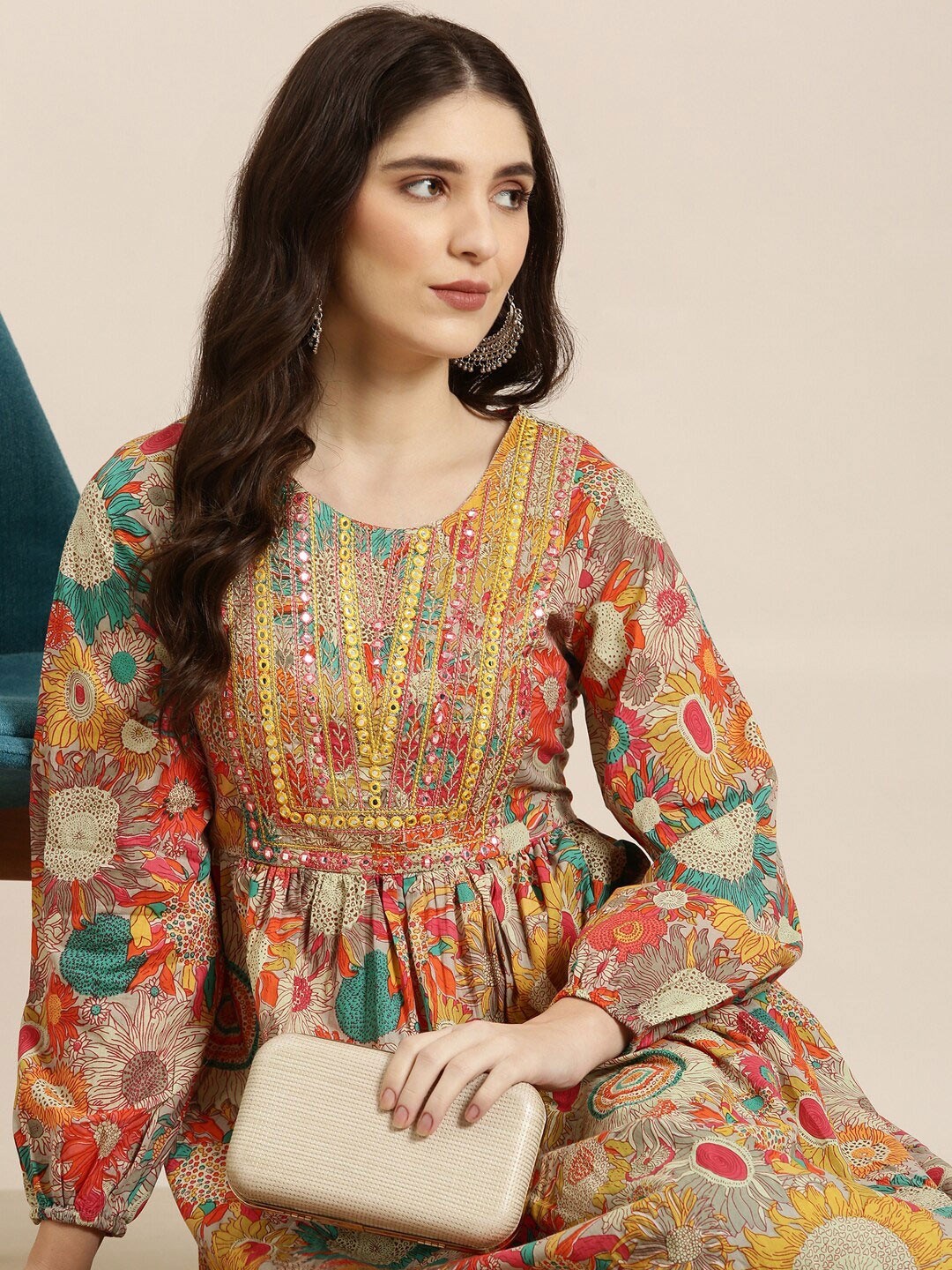 

SHOWOFF Floral Printed Mirror Work A-Line Maxi Ethnic Dress, Mustard