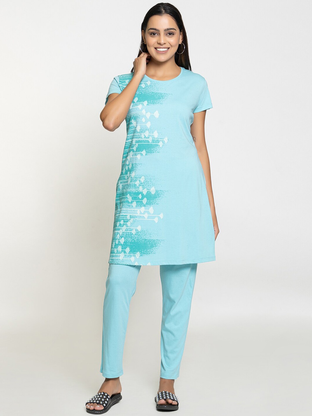 

Night Platter Floral Printed Pure Cotton Night suit, Turquoise blue