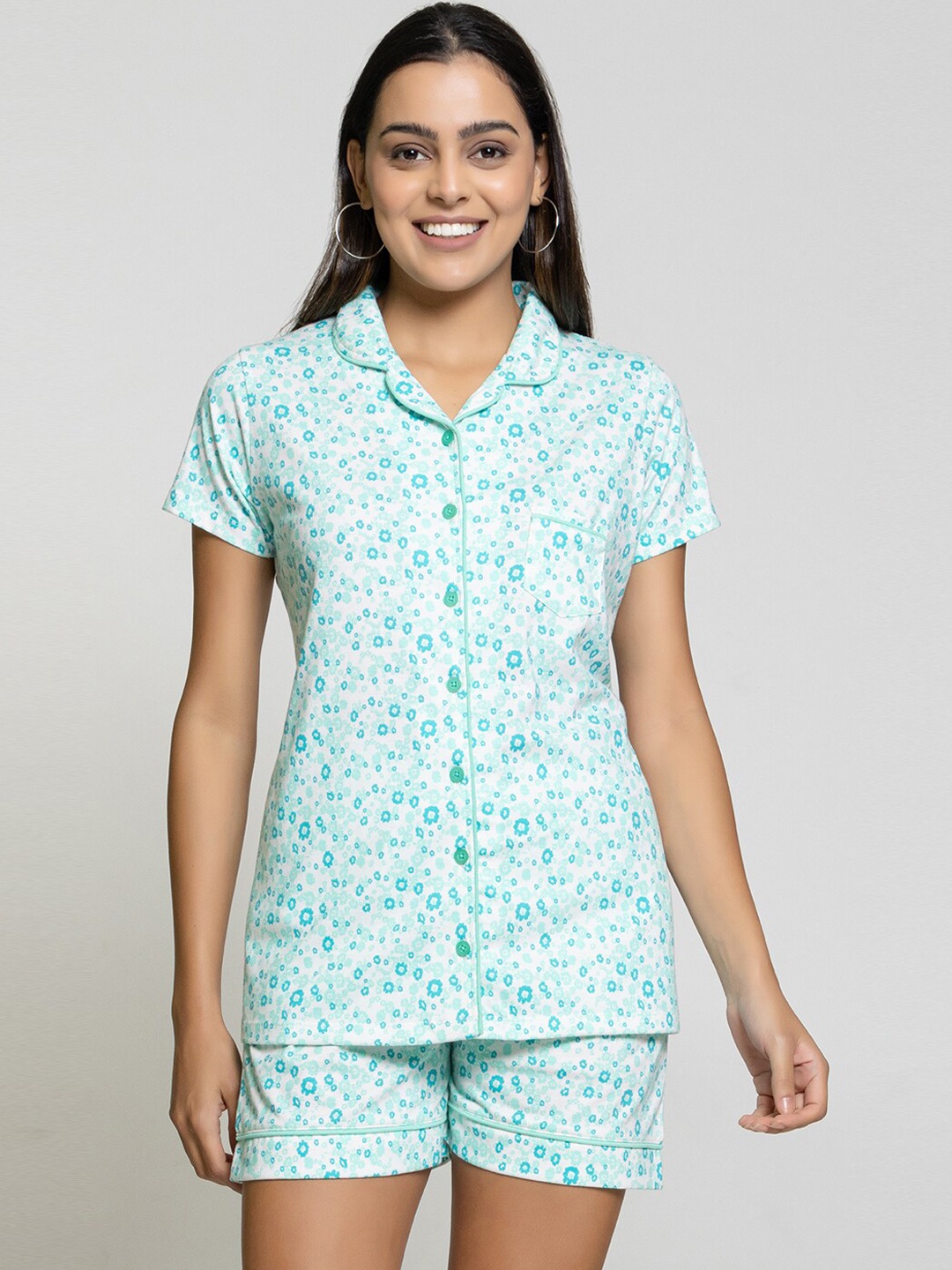 

Night Platter Floral Printed Pure Cotton Night suit, Turquoise blue