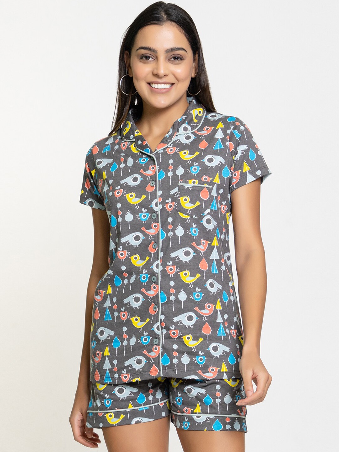 

Night Platter Conversational Printed Pure Cotton Night suit, Grey