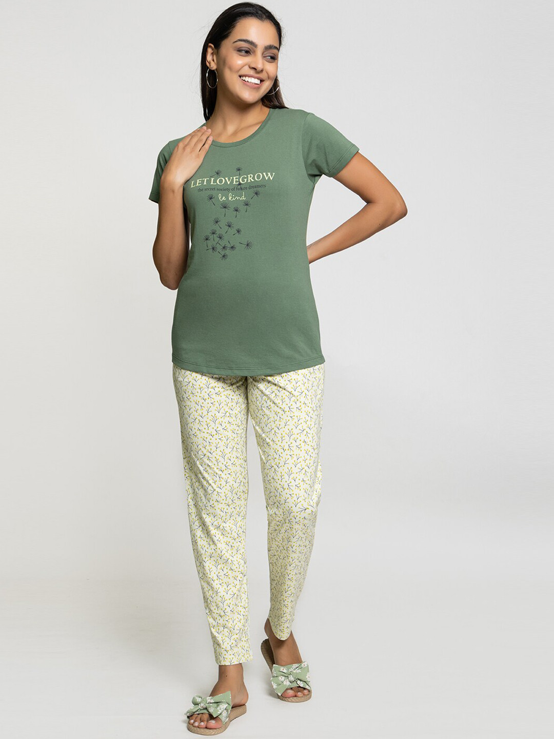 

Night Platter Typography Printed Pure Cotton Night suit, Olive