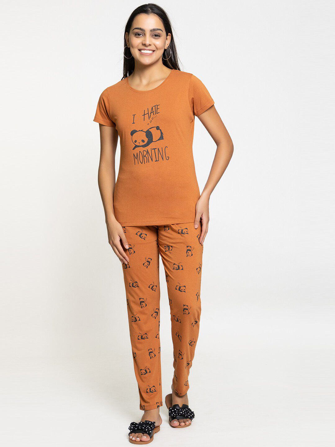 

Night Platter Typography Printed Pure Cotton Night Suit, Rust