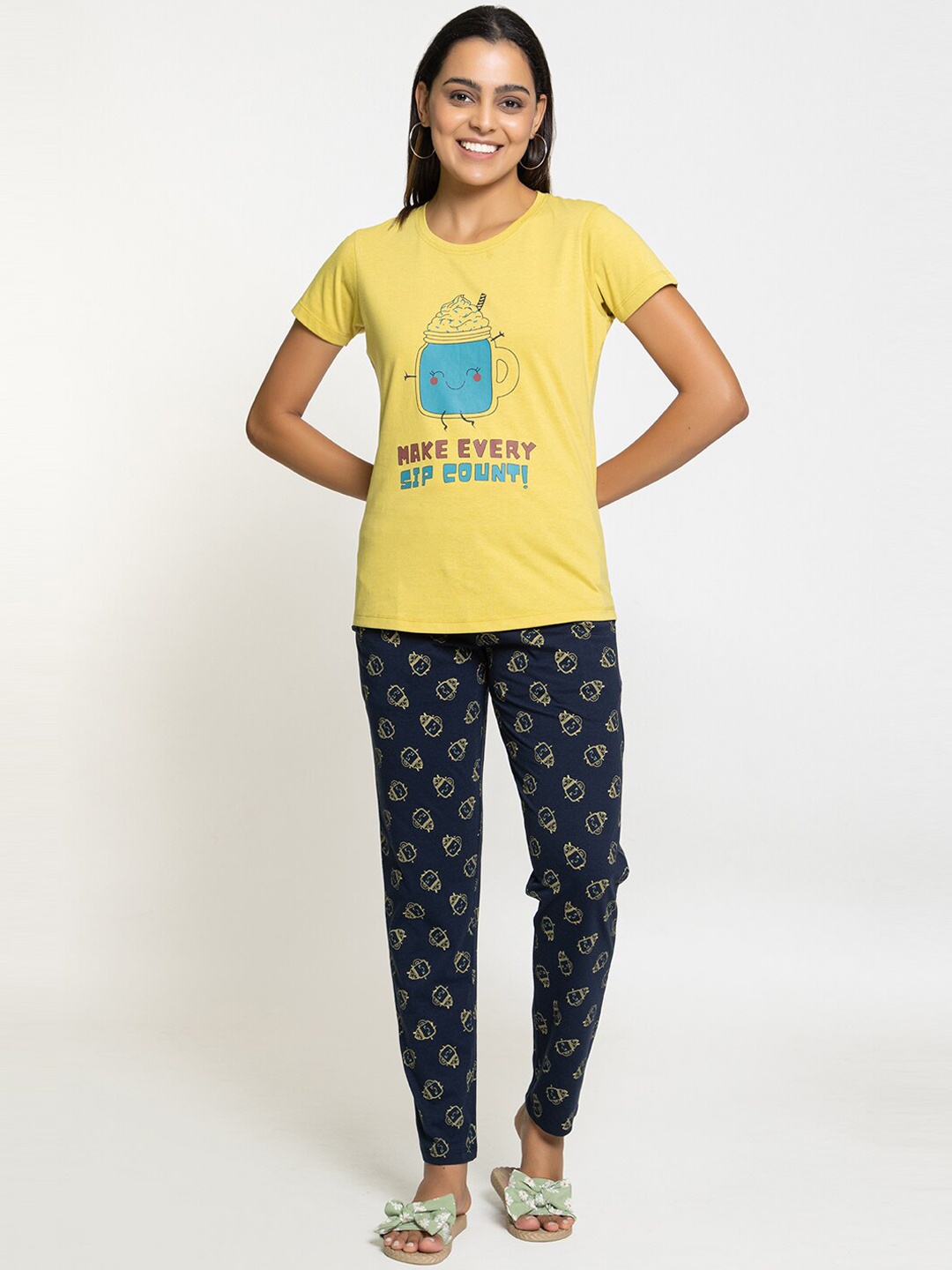 

Night Platter Graphic Printed Pure Cotton Night suit, Yellow