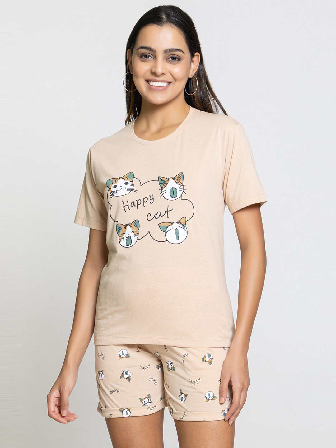

Night Platter Typography Printed Pure Cotton Night suit, Beige
