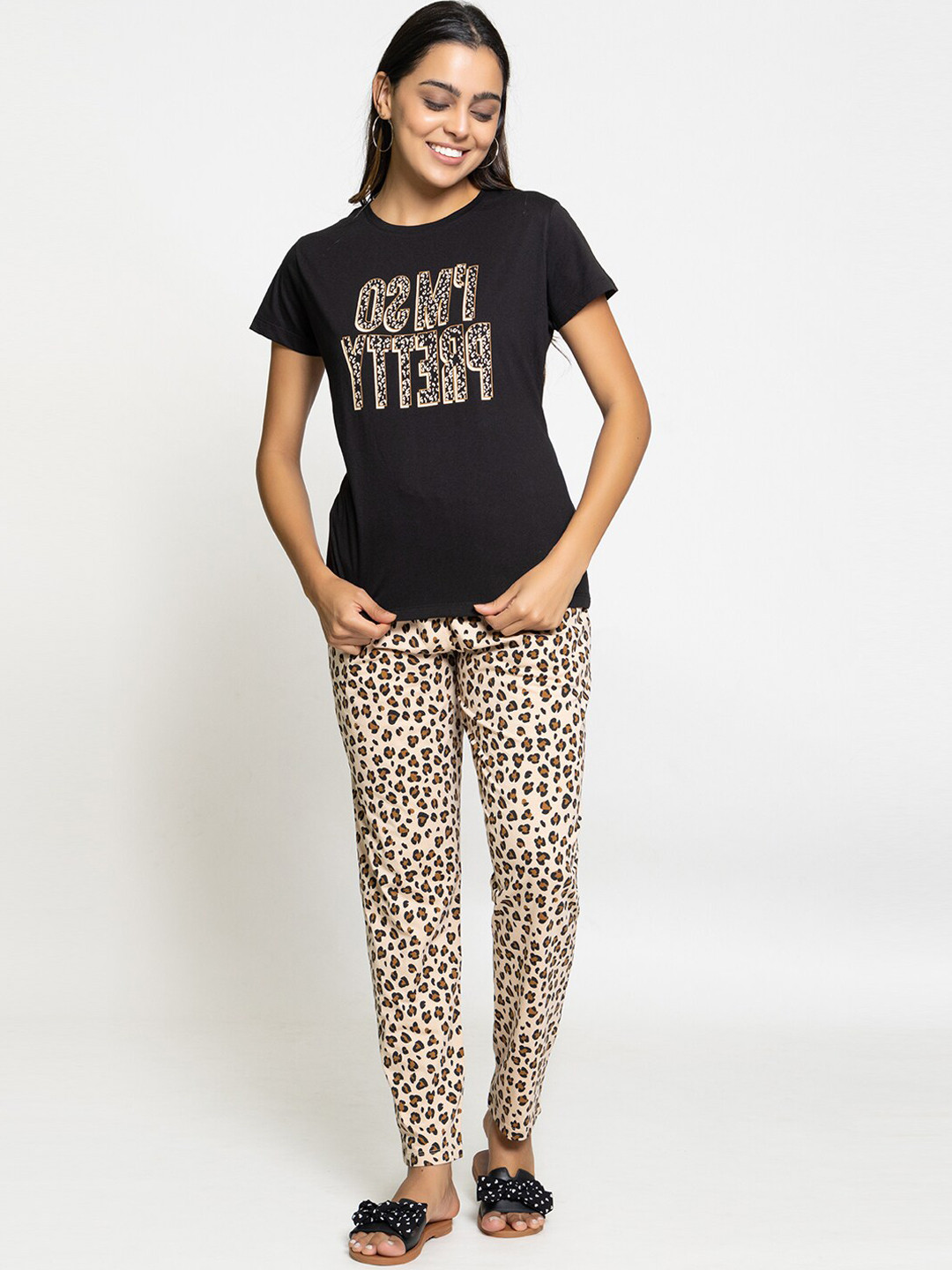 

Night Platter Typography Printed Pure Cotton Night Suit, Black