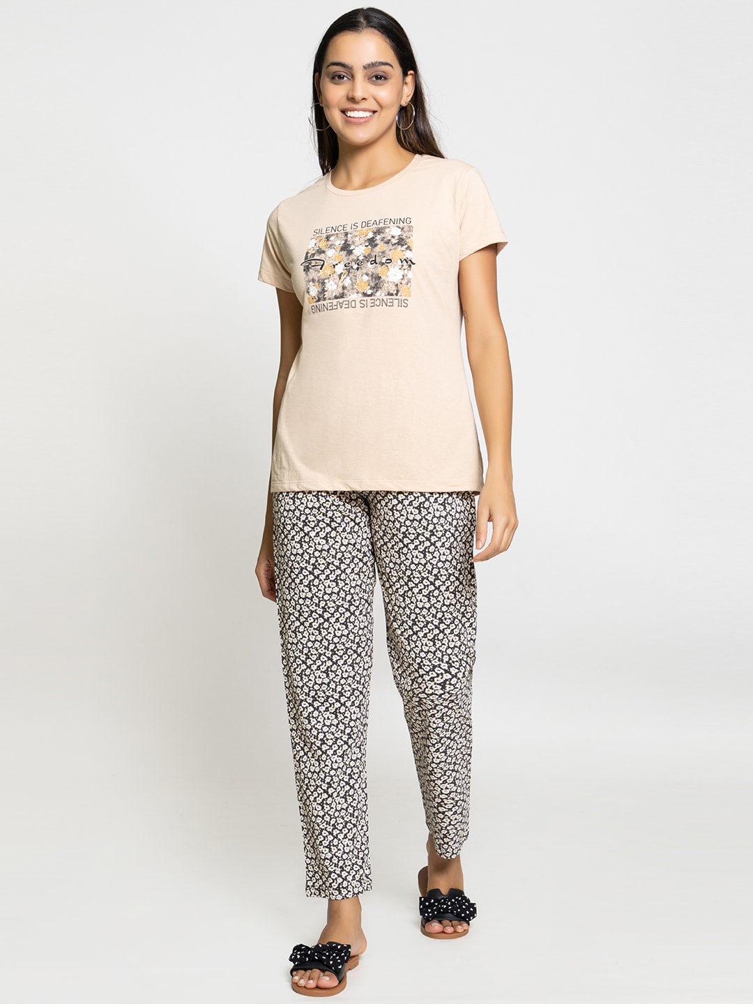 

Night Platter Typography Printed Pure Cotton Night suit, Peach