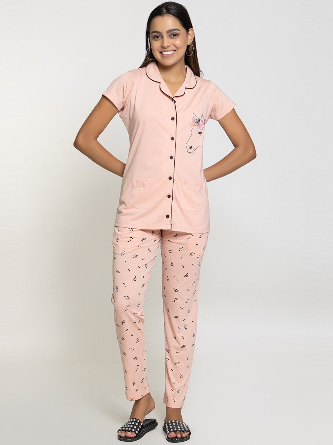 

Night Platter Conversational Printed Shirt Collar Pure Cotton Night suit, Peach