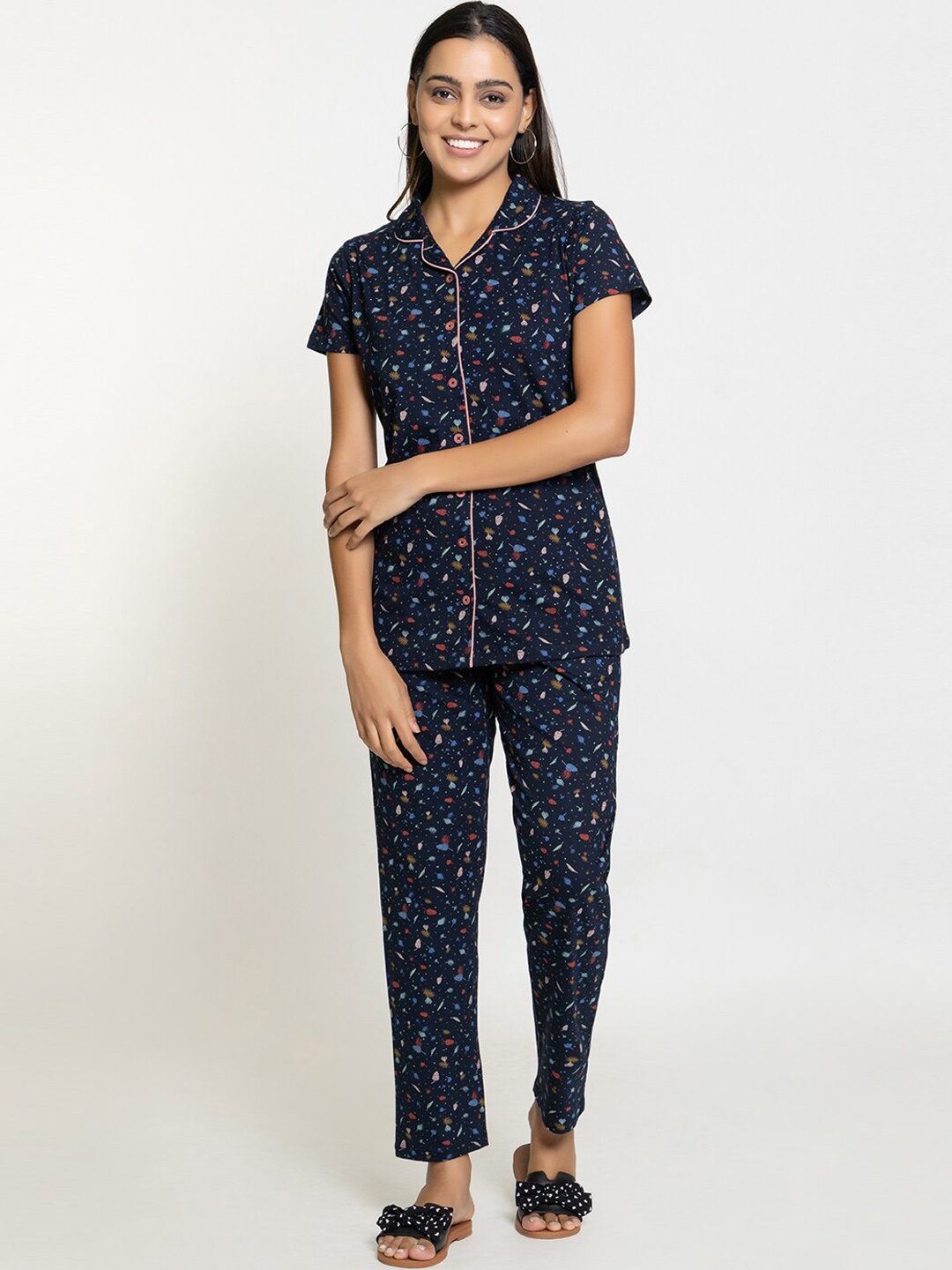 

Night Platter Conversational Printed Pure Cotton Night suit, Navy blue
