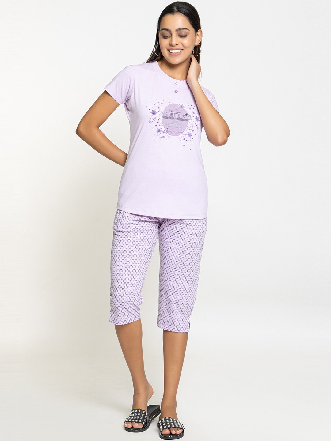 

Night Platter Graphic Printed Night Suit, Lavender