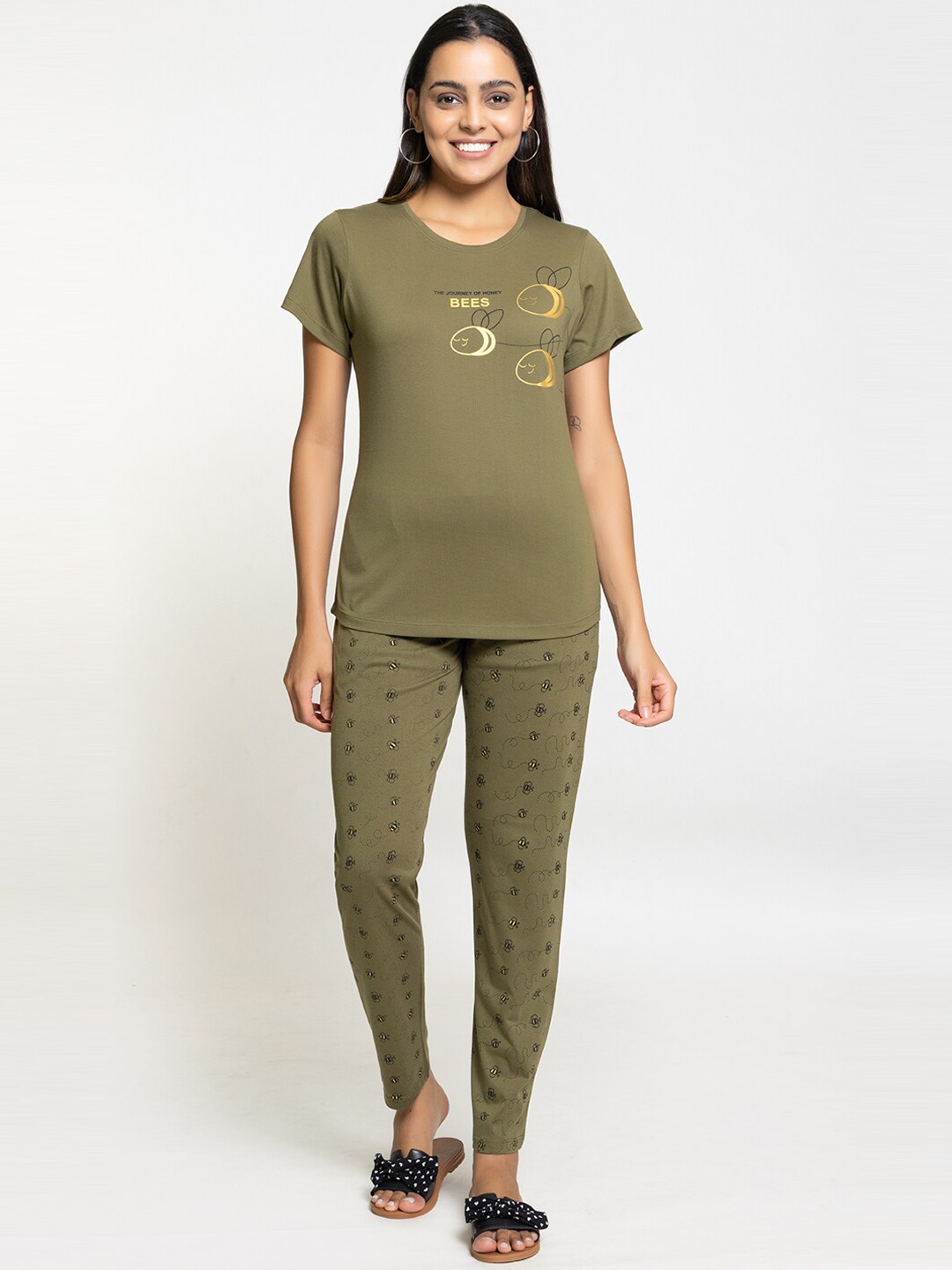 

Night Platter Conversational Printed Pure Cotton Night Suit, Olive