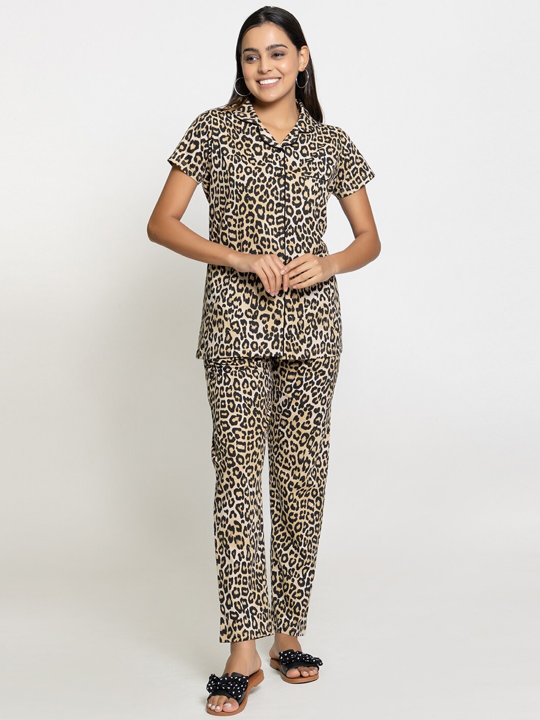 

Night Platter Lapel Collar Animal Pure Cotton Printed Night suit, Grey