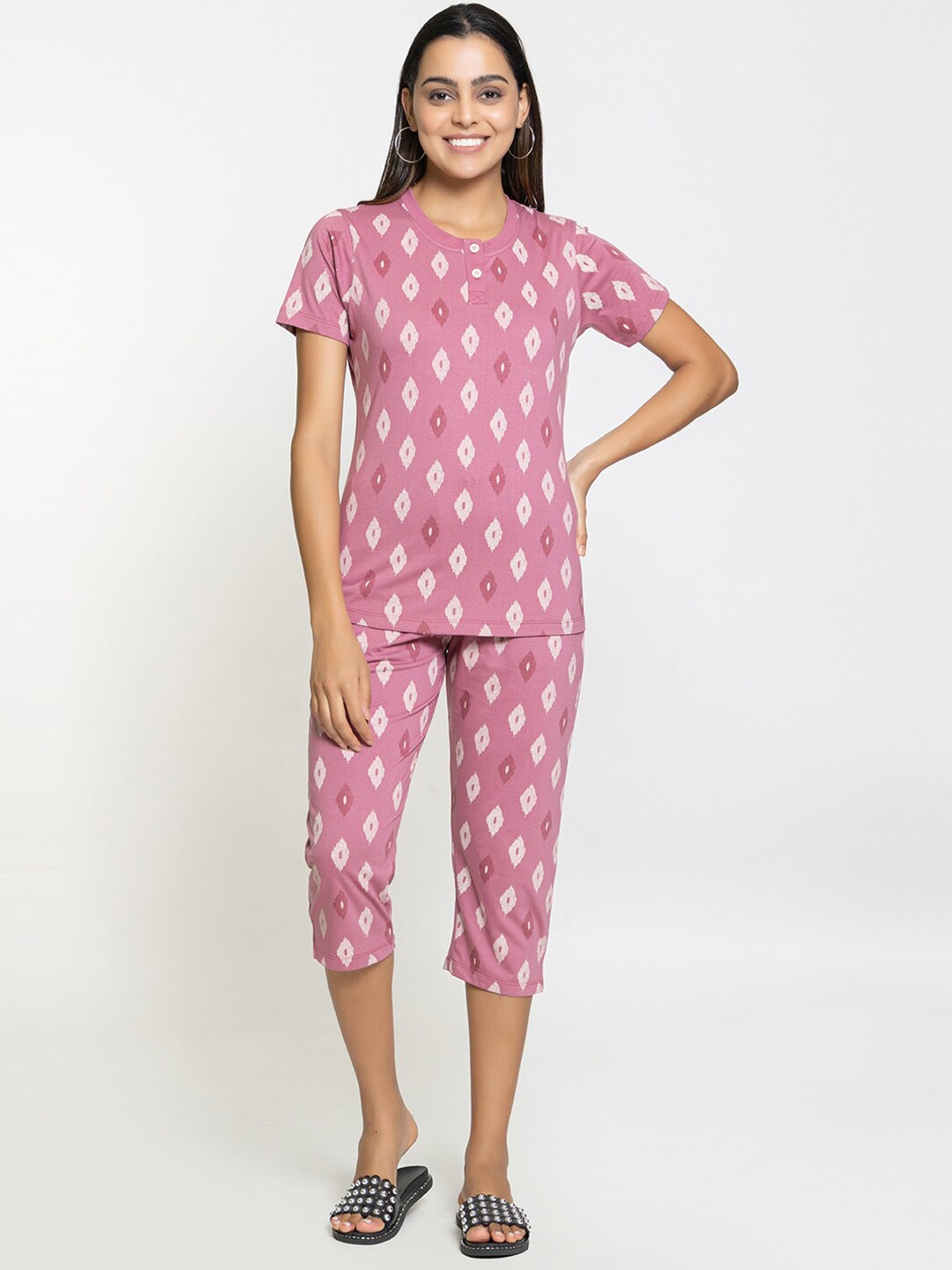 

Night Platter Geometric Printed Pure Cotton Night Suit, Pink