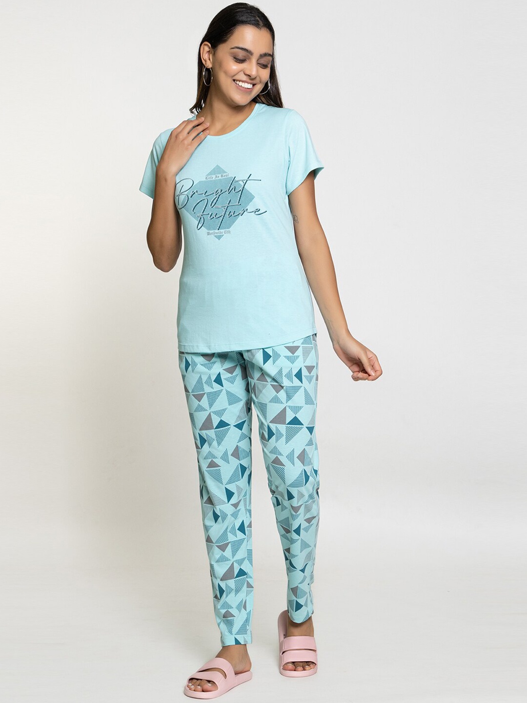 

Night Platter Typography Printed Pure Cotton Night Suit, Blue