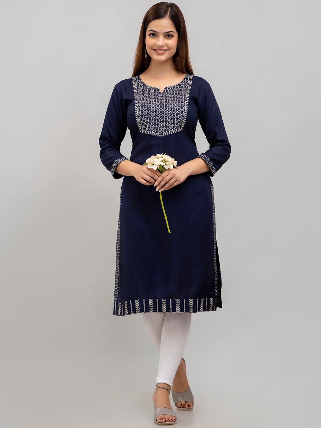 

Shedika Geometric Embroidered Sequinned Straight Kurta, Navy blue