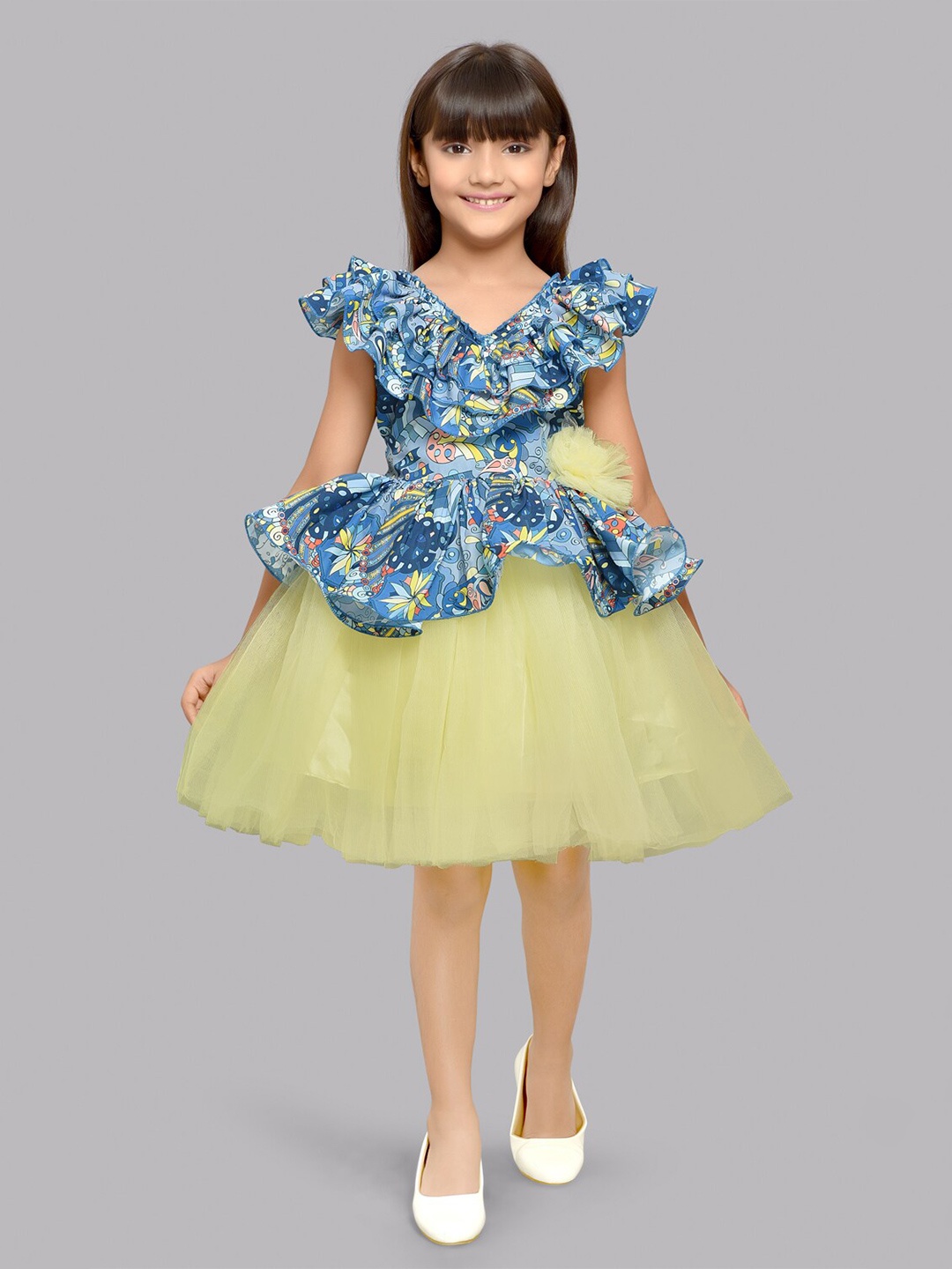 

Pink Chick Girls Floral Printed Ruffled Fit & Flare Dress, Blue