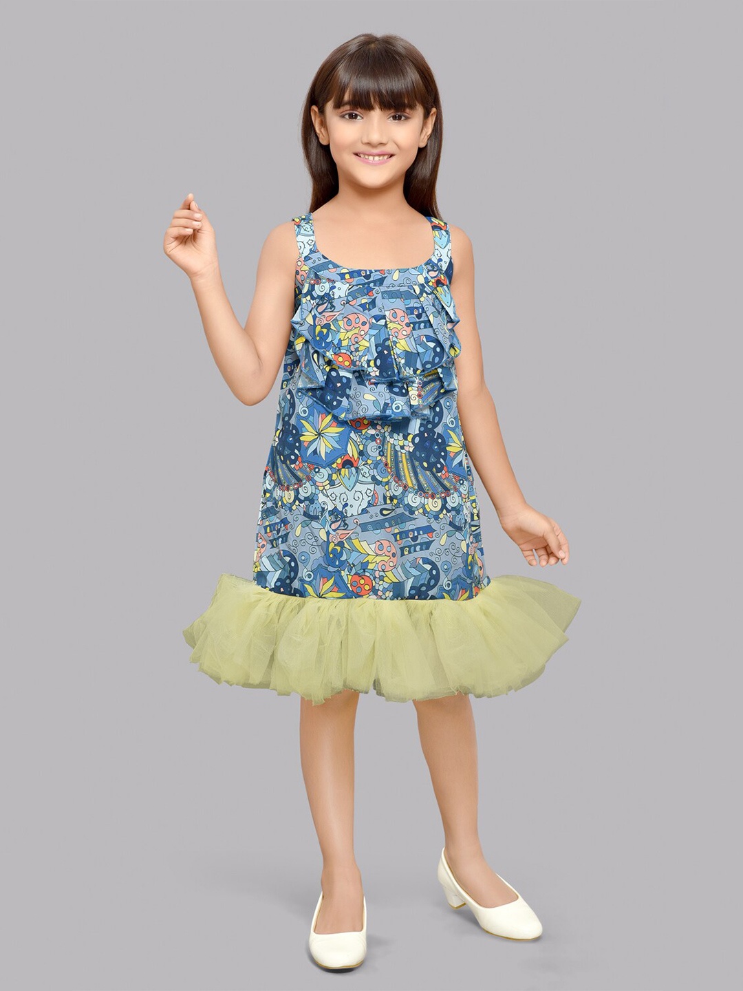 

Pink Chick Girls Abstract Printed Shoulder Straps Ruffled A-Line Dress, Blue