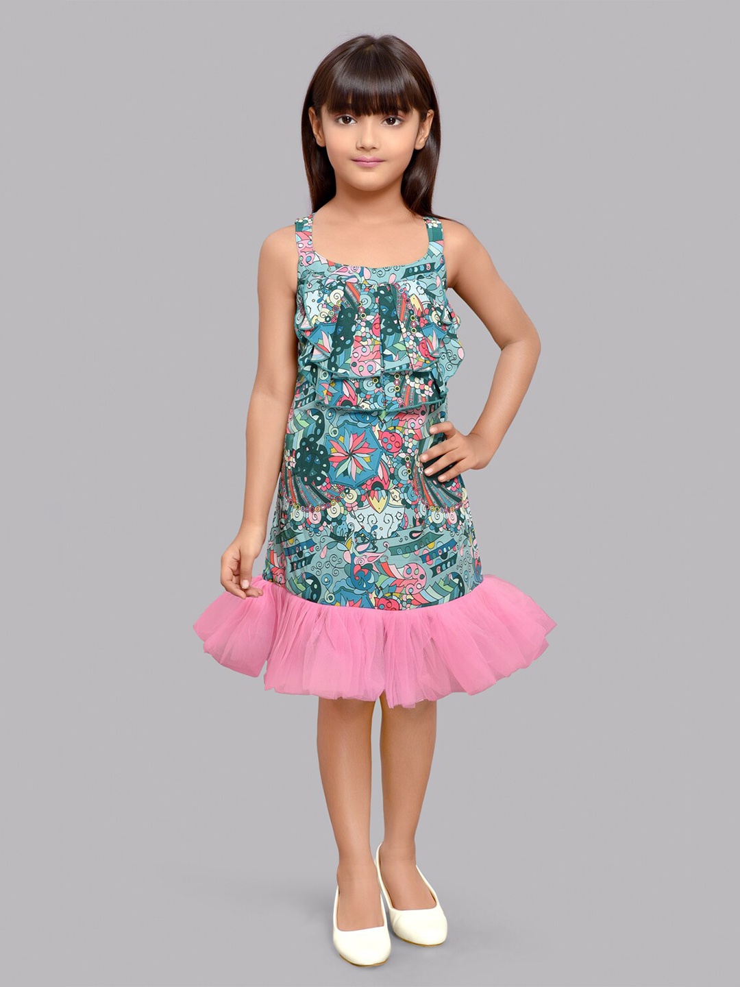 

Pink Chick Girls Abstract Printed Shoulder Straps Ruffled A-Line Dress, Teal