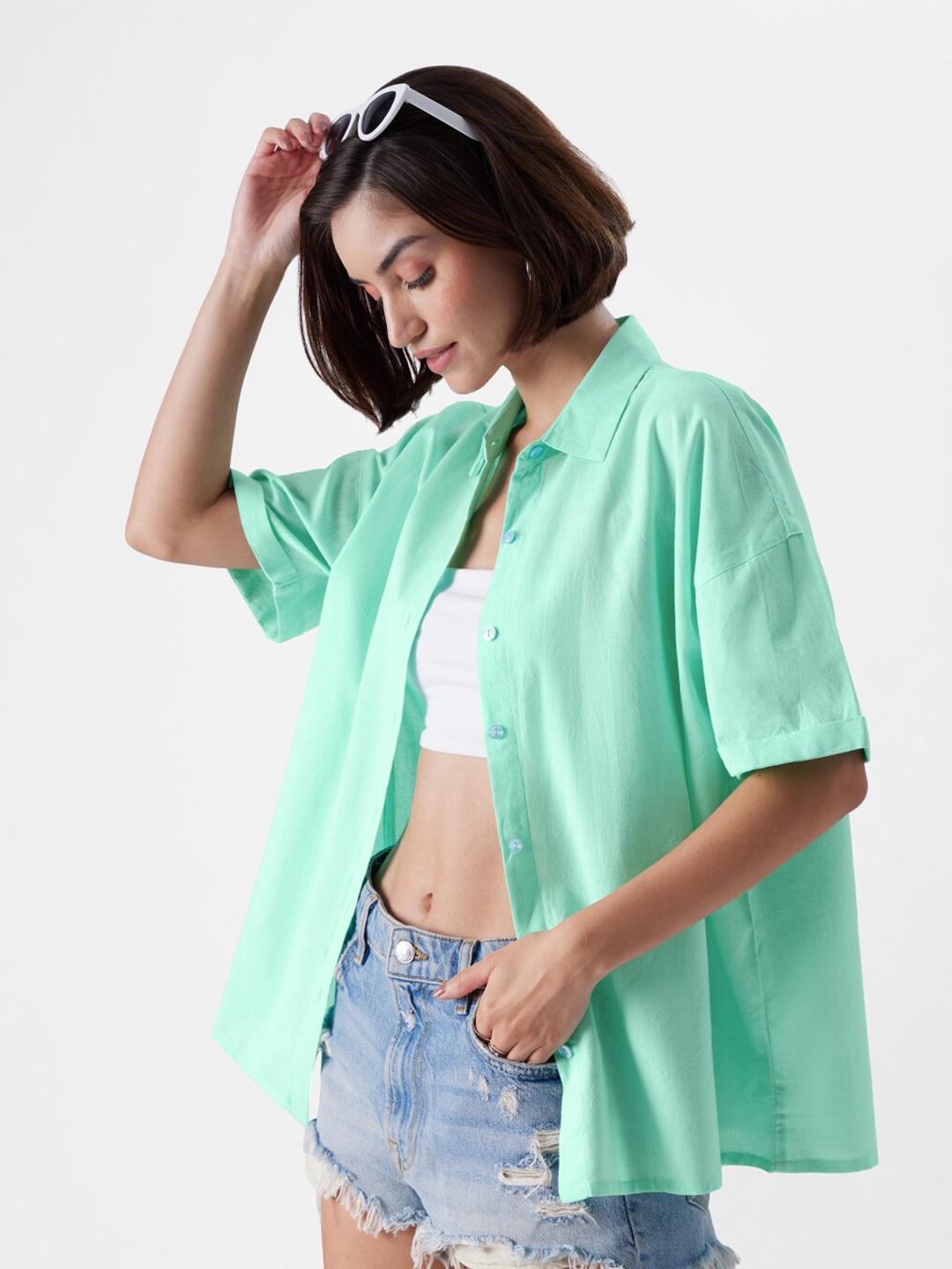 

The Souled Store Relaxed Oversized Pure Cotton Casual Shirt, Sea green
